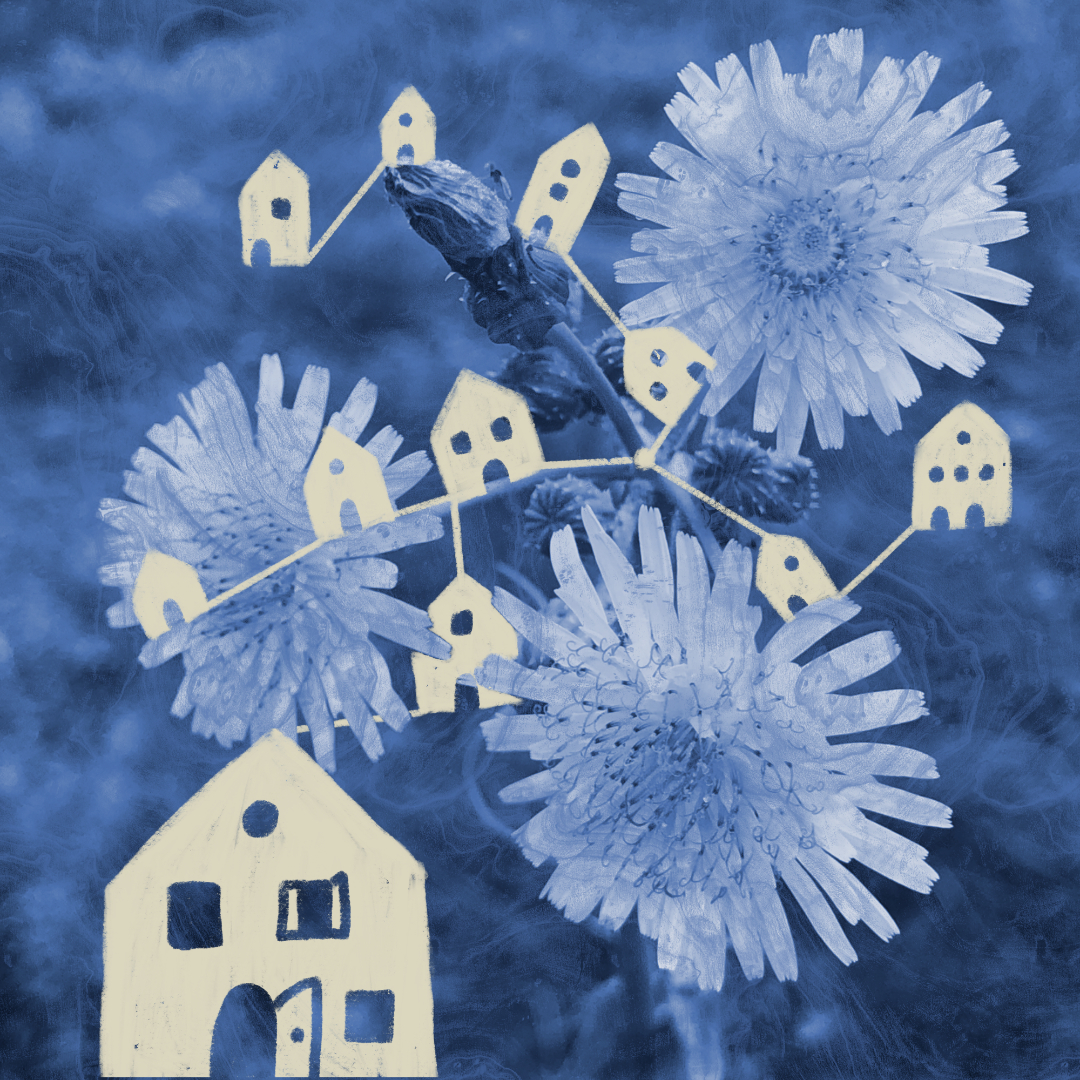 Disegno di piccole case costruite in un fiore